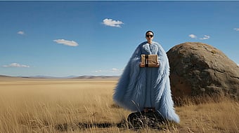 Person standing on a rock in an open grassland landscape, wearing a long light‑blue coat and holding a Mondi packaging, with a large boulder and clear blue sky in the background.